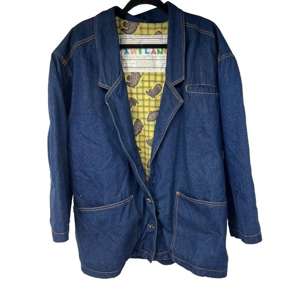 Vintage Denim Quilted Long V Neck Double Button Closure‎ Jacket Womens L